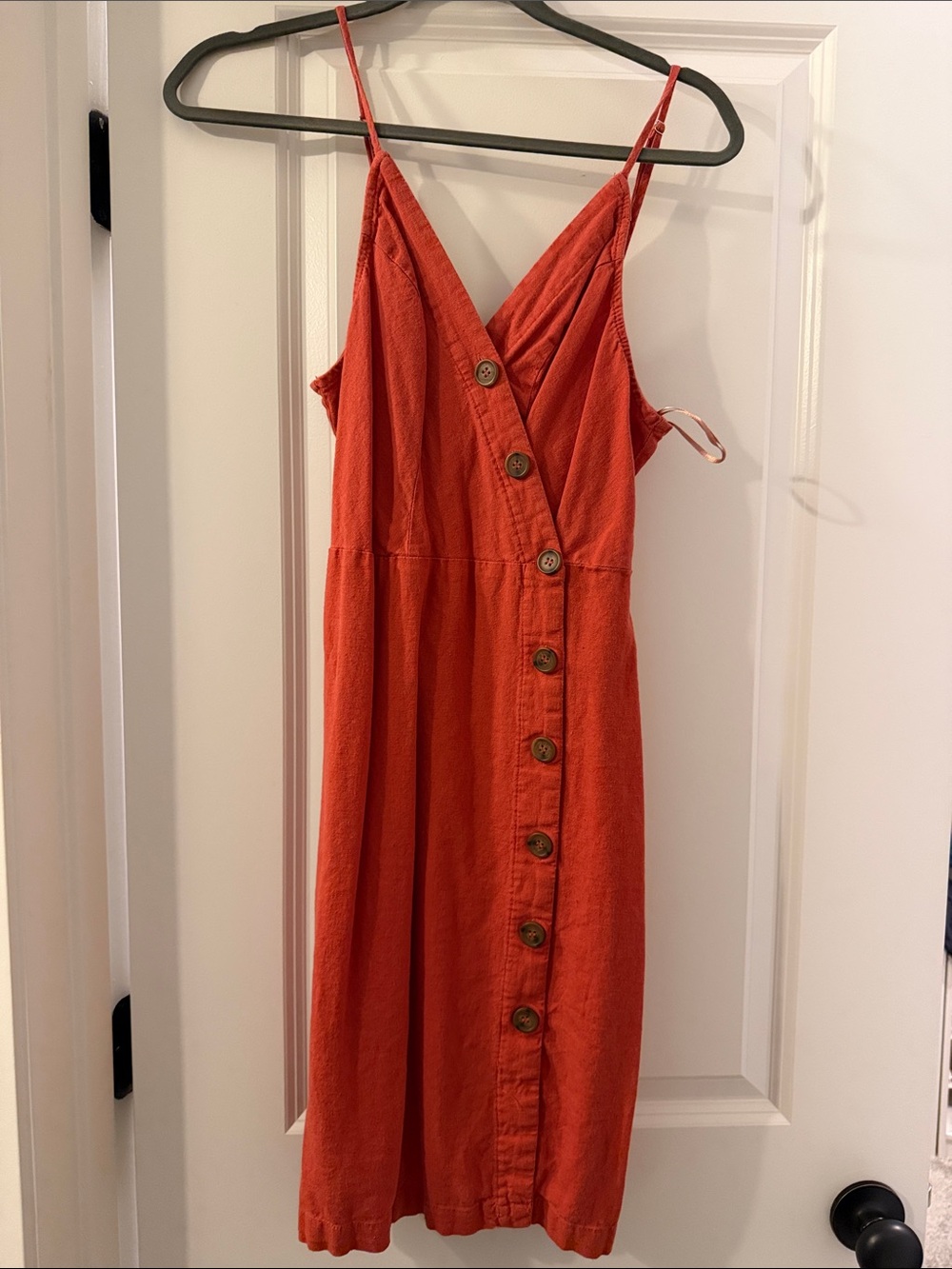Love Tree Rust-Orange Spaghetti Strap Midi Dress with Front Buttons